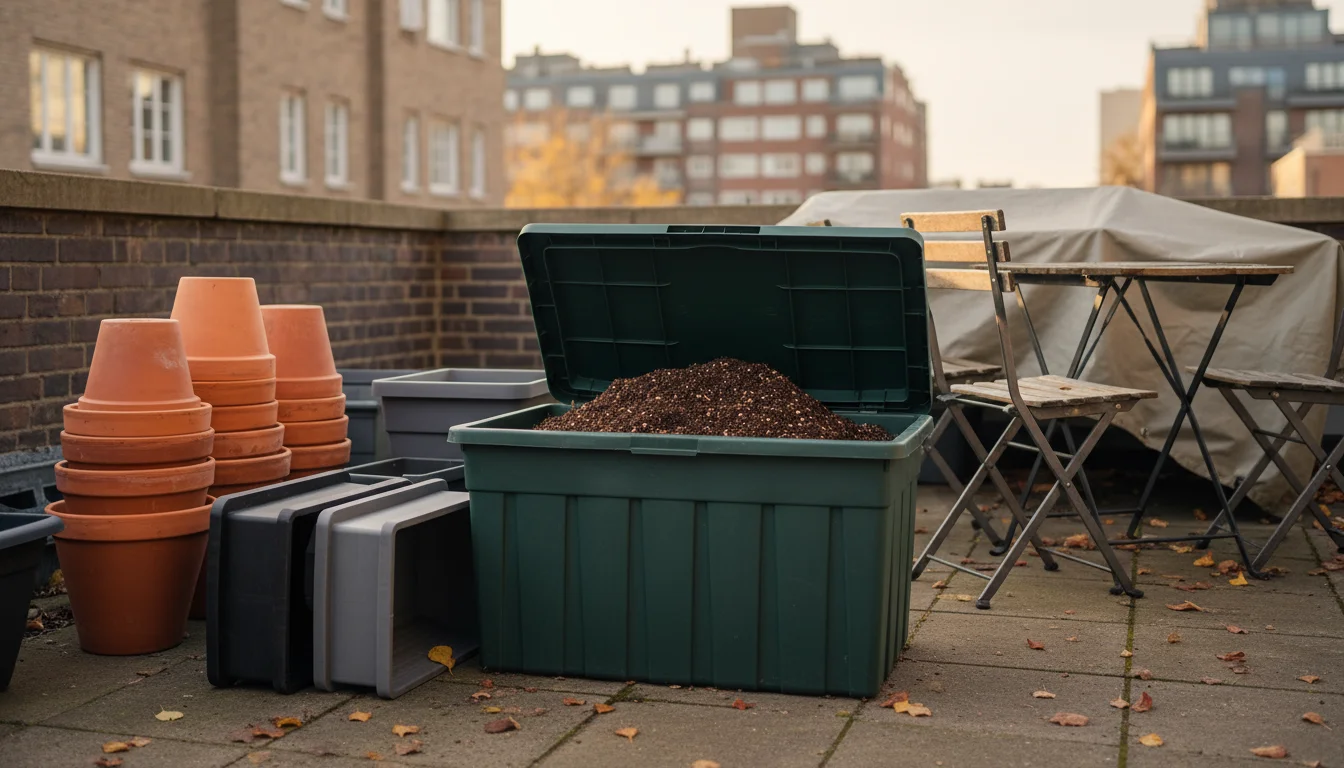 A gloved hand covering a large bag of potting soil with a tarp, next to a lidded bin of soil and stacked clean pots on an autumn patio.