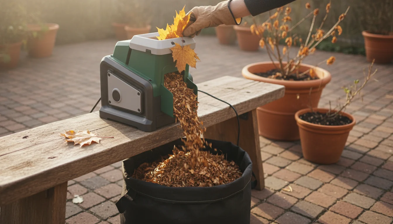 A gloved hand feeds golden maple leaves into a small electric shredder on a wooden bench, with shredded leaves falling into a black bag on a brick pat