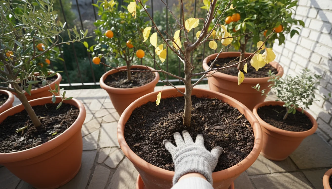 A gloved hand gently presses into the moist soil of a dwarf deciduous fruit tree in a large terracotta pot on a late autumn patio.