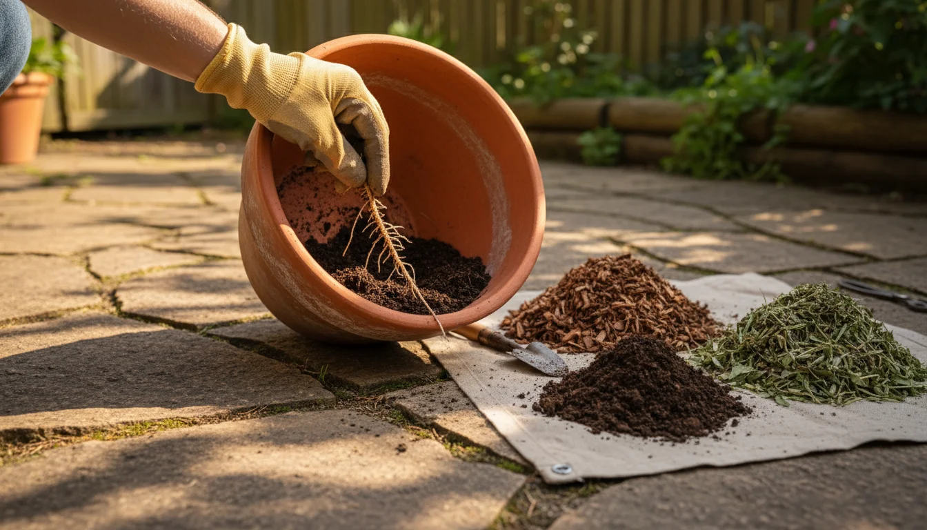 Gloved hand removing old roots from a weathered terracotta pot on a sun-dappled patio, with separate piles of compost, perlite, and coco coir nearby.