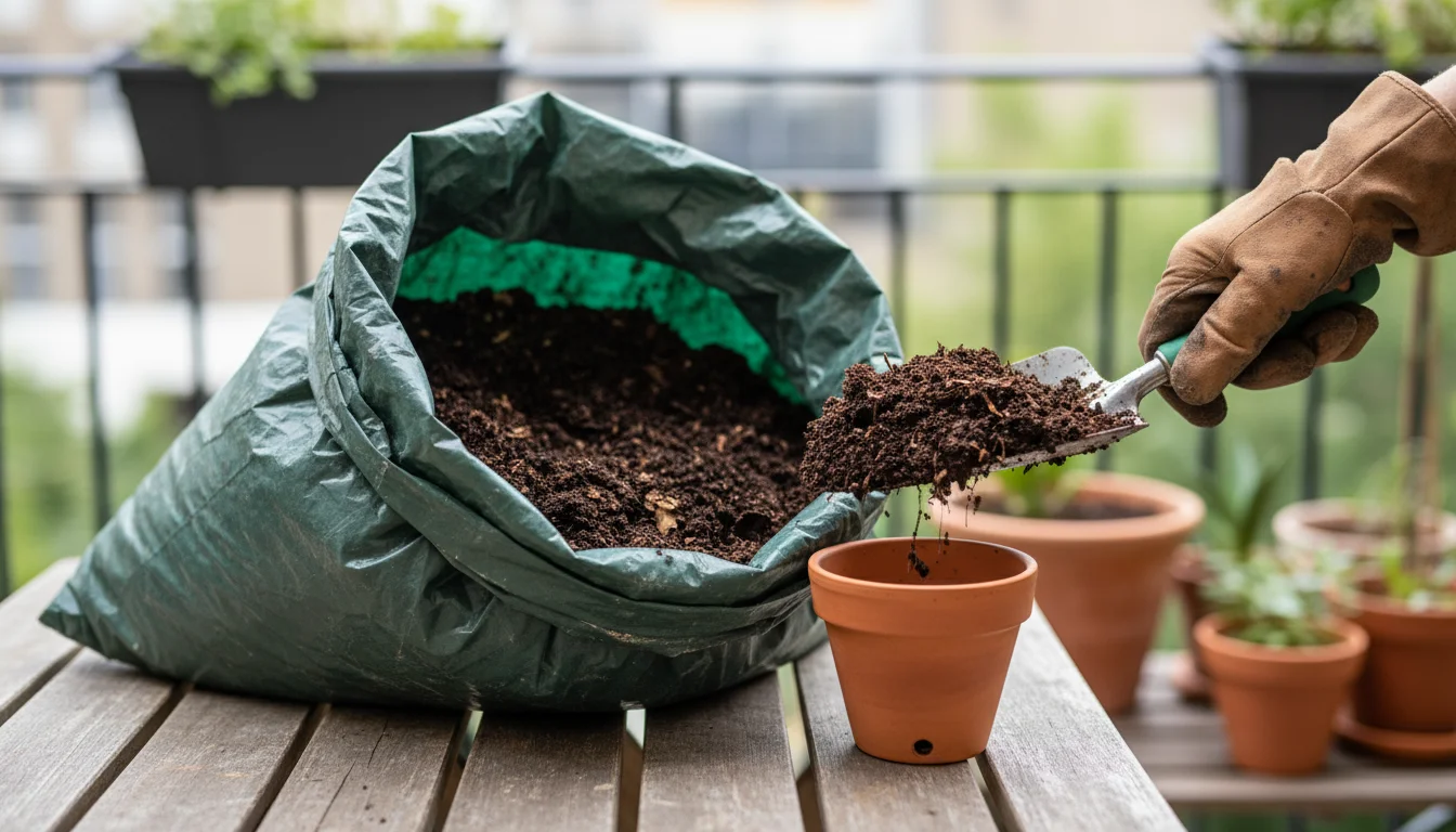 A gloved hand scoops dark, crumbly leaf mold from a lumpy green plastic bag into a terracotta pot on a wooden table.