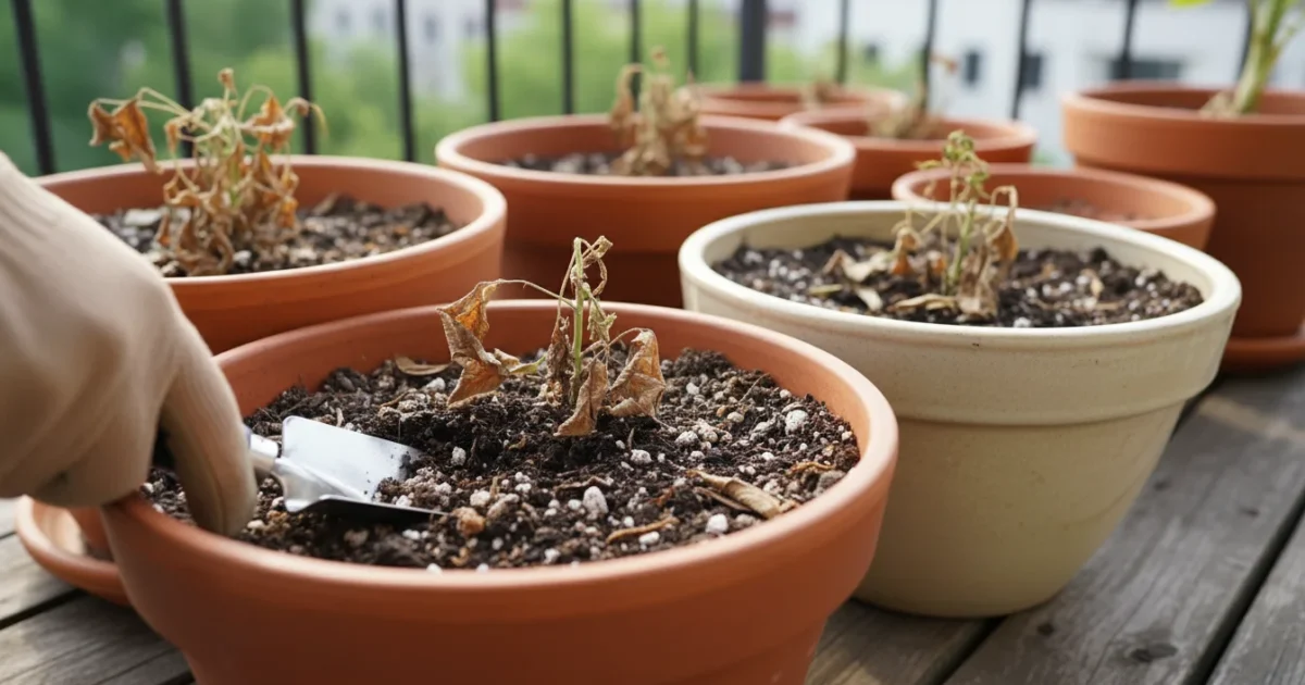 A gloved hand gently sifts through the topsoil of a container plant on a wooden balcony, surrounded by other pots and dry leaves.