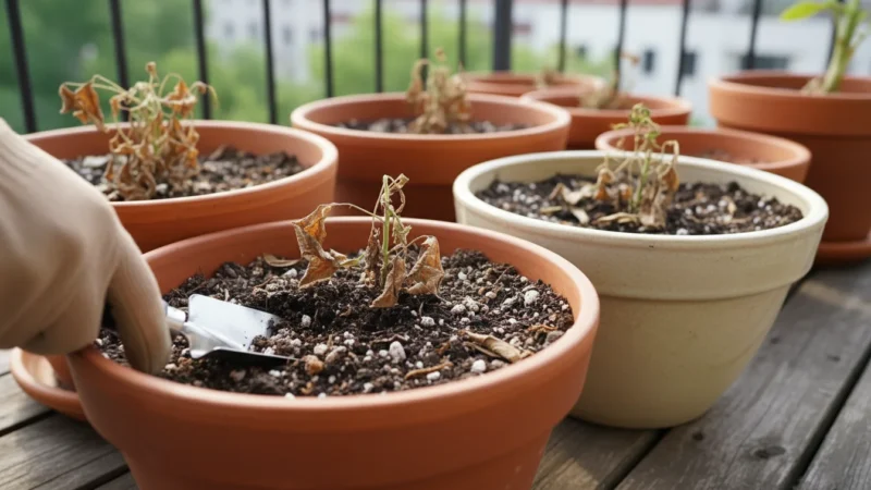 A gloved hand gently sifts through the topsoil of a container plant on a wooden balcony, surrounded by other pots and dry leaves.