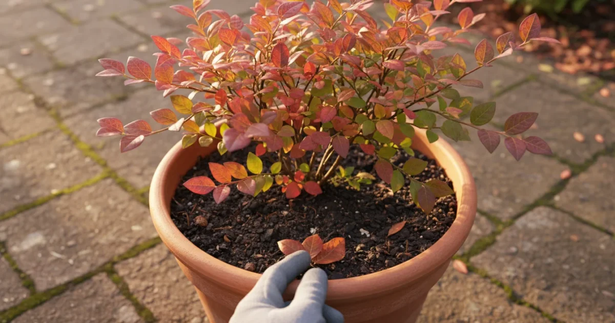 A gloved hand gently tidies fallen leaves from the moist soil around a newly planted blueberry bush in a terracotta pot on a wooden patio.