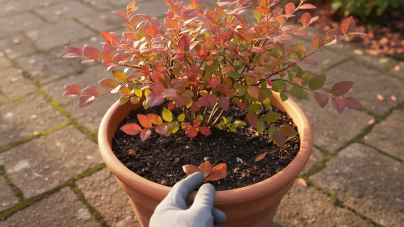 A gloved hand gently tidies fallen leaves from the moist soil around a newly planted blueberry bush in a terracotta pot on a wooden patio.