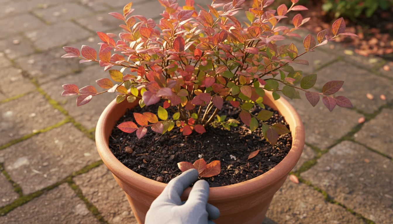 A gloved hand gently tidies fallen leaves from the moist soil around a newly planted blueberry bush in a terracotta pot on a wooden patio.