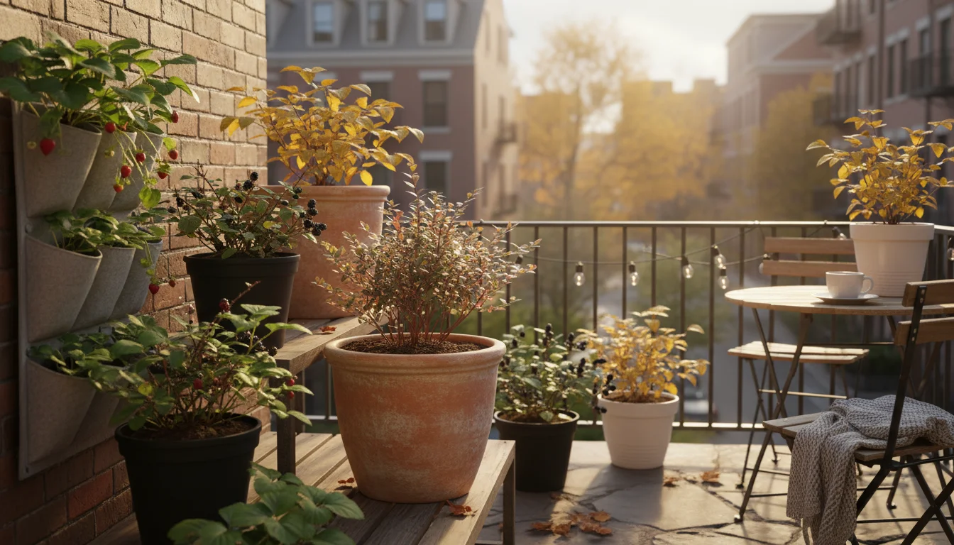 A gloved hand gently touches ripe blueberries on a dwarf bush in a terracotta pot, surrounded by container strawberries and raspberries on a patio.