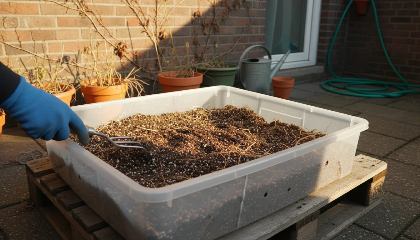 A gloved hand uses a small cultivator to rake dry, spent potting mix spread out in a shallow plastic bin on a sunlit patio.