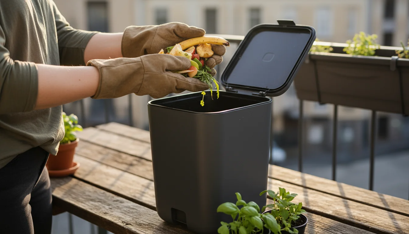 Gloved hands add fruit and vegetable scraps to a modern vermicomposting bin on a wooden balcony surface, with red wiggler worms visible.