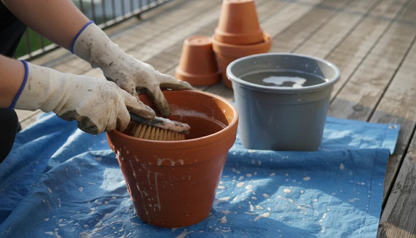 Gloved hands diligently scrub the inside of an empty terracotta pot with a brush on a balcony tarp, with other pots nearby.