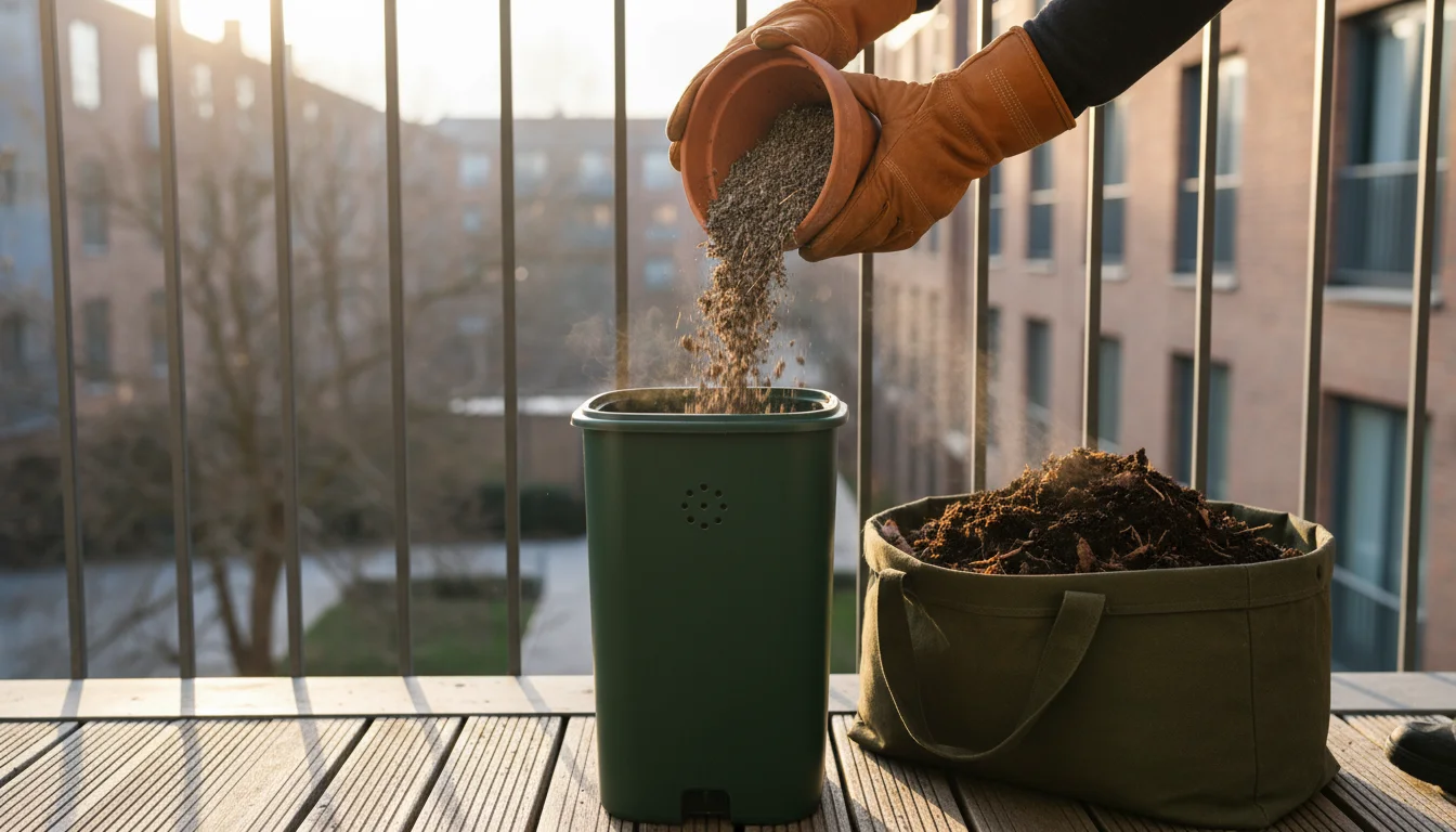 Gloved hands emptying old potting soil from a terracotta pot into a compact compost bin on a balcony, next to a bag of fresh compost.