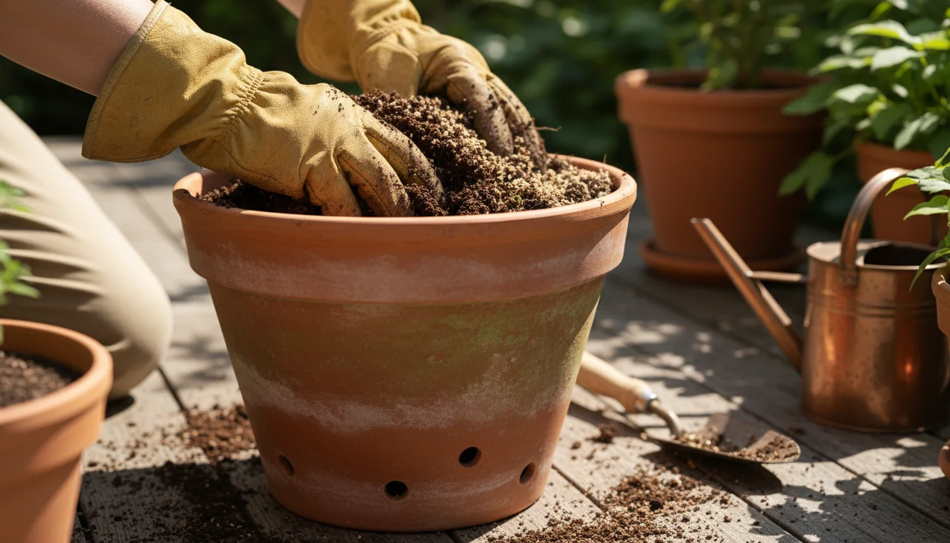 Gloved hands mix dark potting soil and compost in a large terracotta pot on a sunny wooden patio.