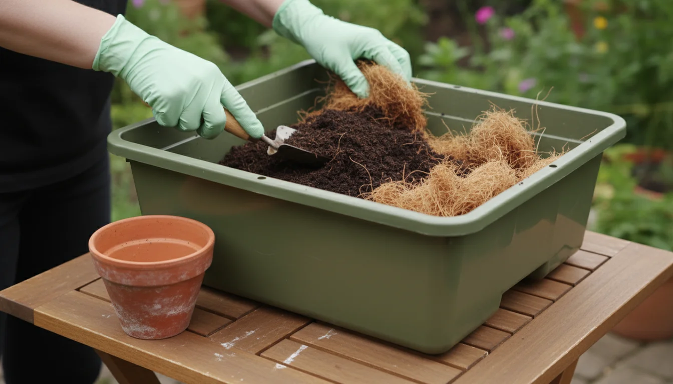 Gloved hands mixing dark compost and light coir in a plastic tub on a wooden patio table, with an empty terracotta pot nearby.