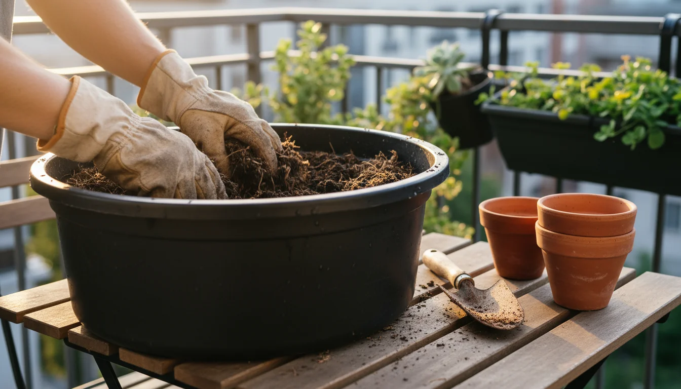 Gloved hands mixing dark compost with used potting soil in a black flexible tub on an urban balcony, with empty pots in the background.