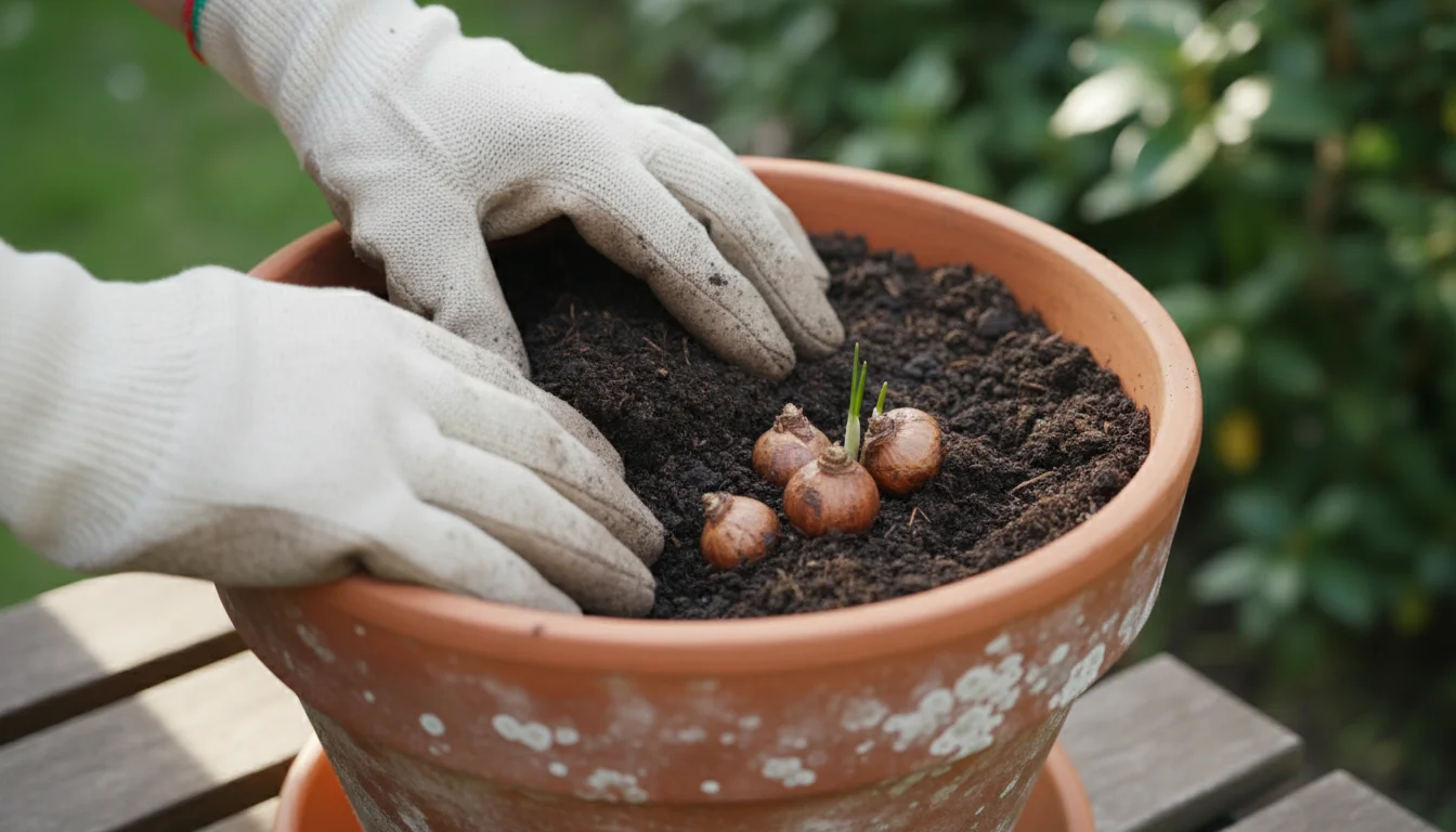 Overhead view of gloved hands planting saffron crocus corms in a terracotta pot with dark soil on a weathered wooden table.