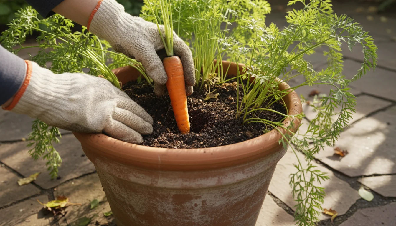 Gloved hands gently pull a vibrant orange carrot from a deep terracotta pot filled with dark, loose soil on a sunny patio.