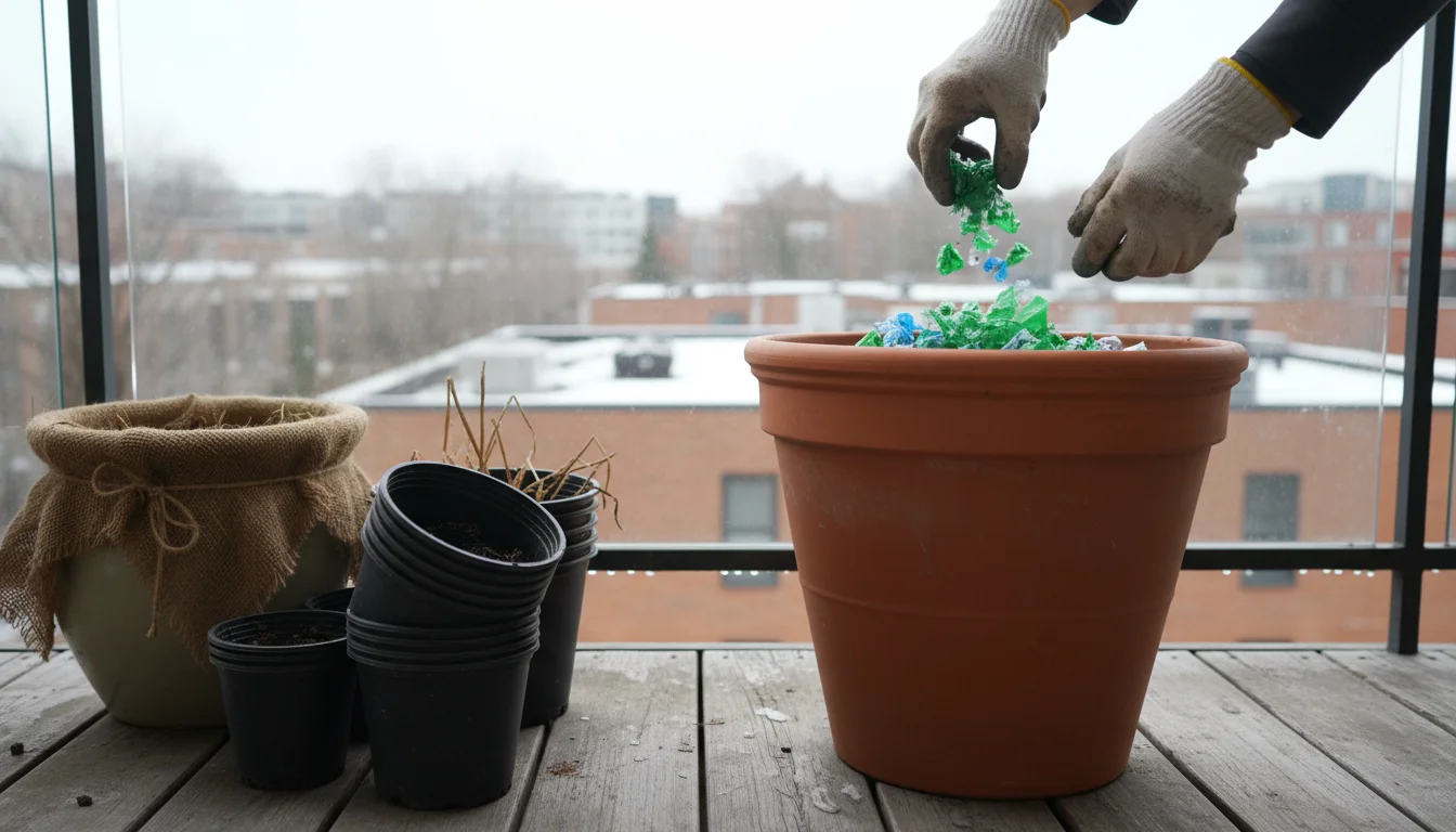 Gloved hands putting shredded plastic into a terracotta pot on a balcony, with other pots being winterized.