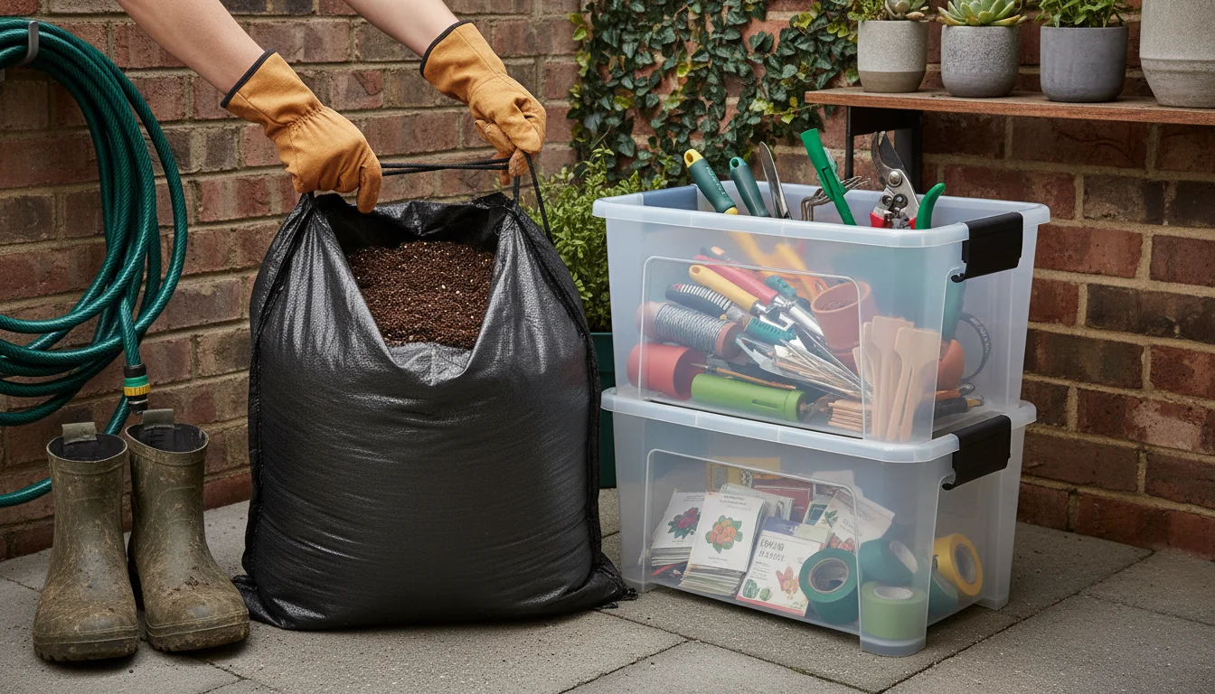 Gloved hands sealing a heavy-duty bag of dark potting mix next to stacked clear storage bins on an organized patio corner.