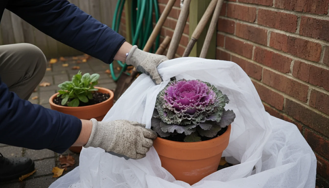Gloved hands securing a white frost cloth over a potted purple ornamental kale plant placed against a red brick wall, with another burlap-wrapped pot 