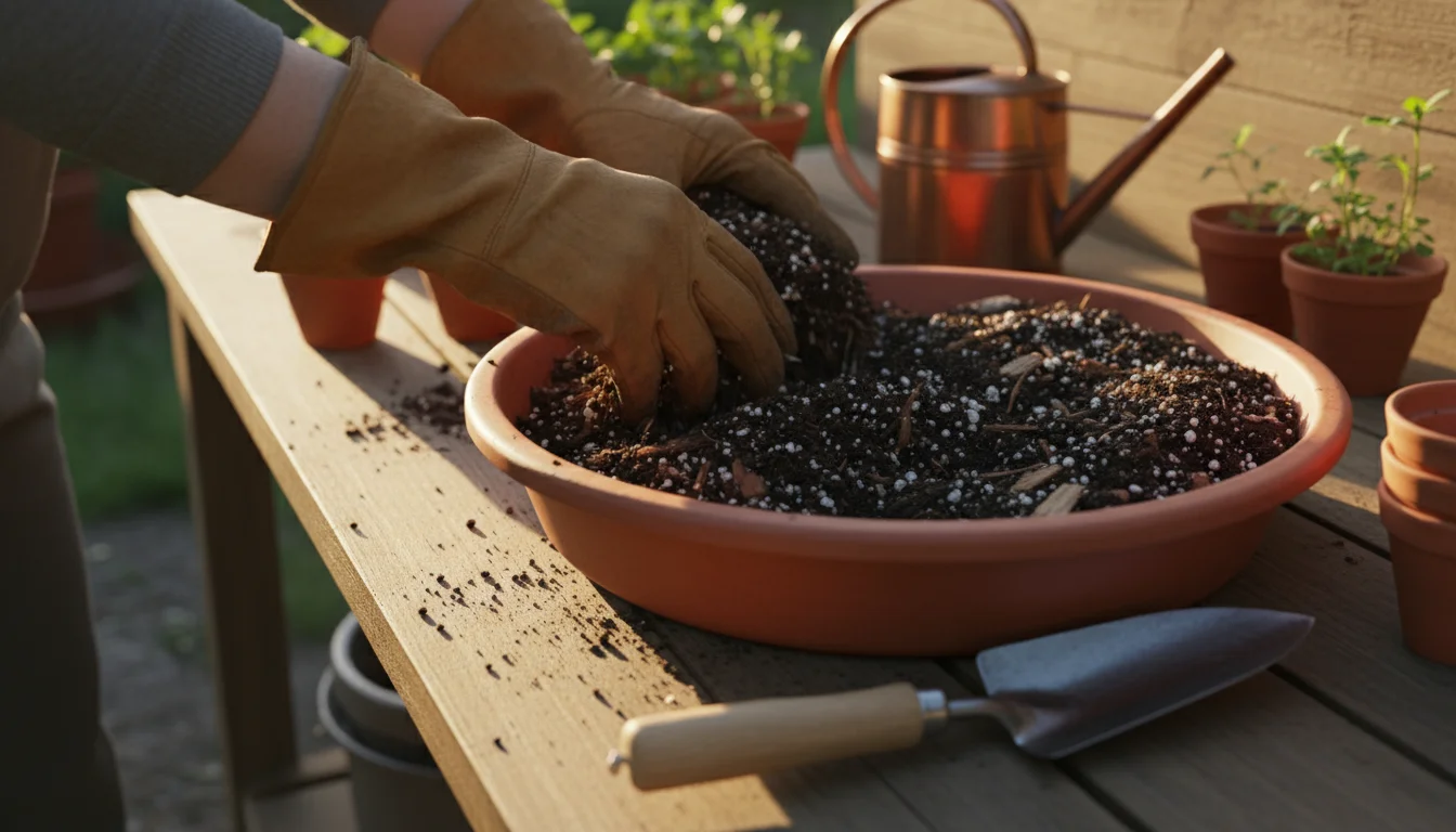 Gloved hands gently sifting a dark, rich, and airy potting mix in a wide terracotta tub on a wooden potting bench, with empty pots in the background.