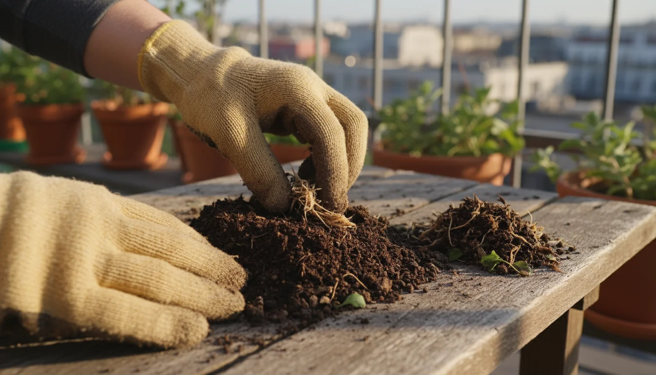 Close-up of gloved hands sifting used potting mix on a balcony, carefully removing old plant roots.