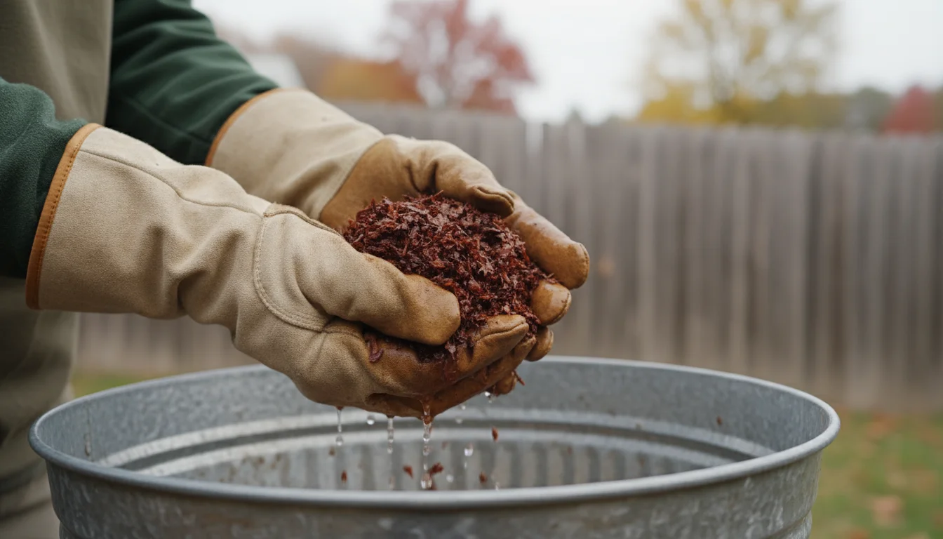 Gloved hands gently squeeze a handful of damp, shredded brown leaves over a galvanized tub on a sunlit patio.