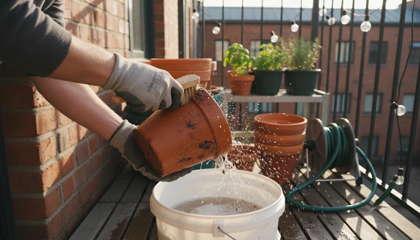 Gloved hands thoroughly scrubbing a dirty terracotta pot with a stiff brush on a balcony, with clean pots drying nearby.