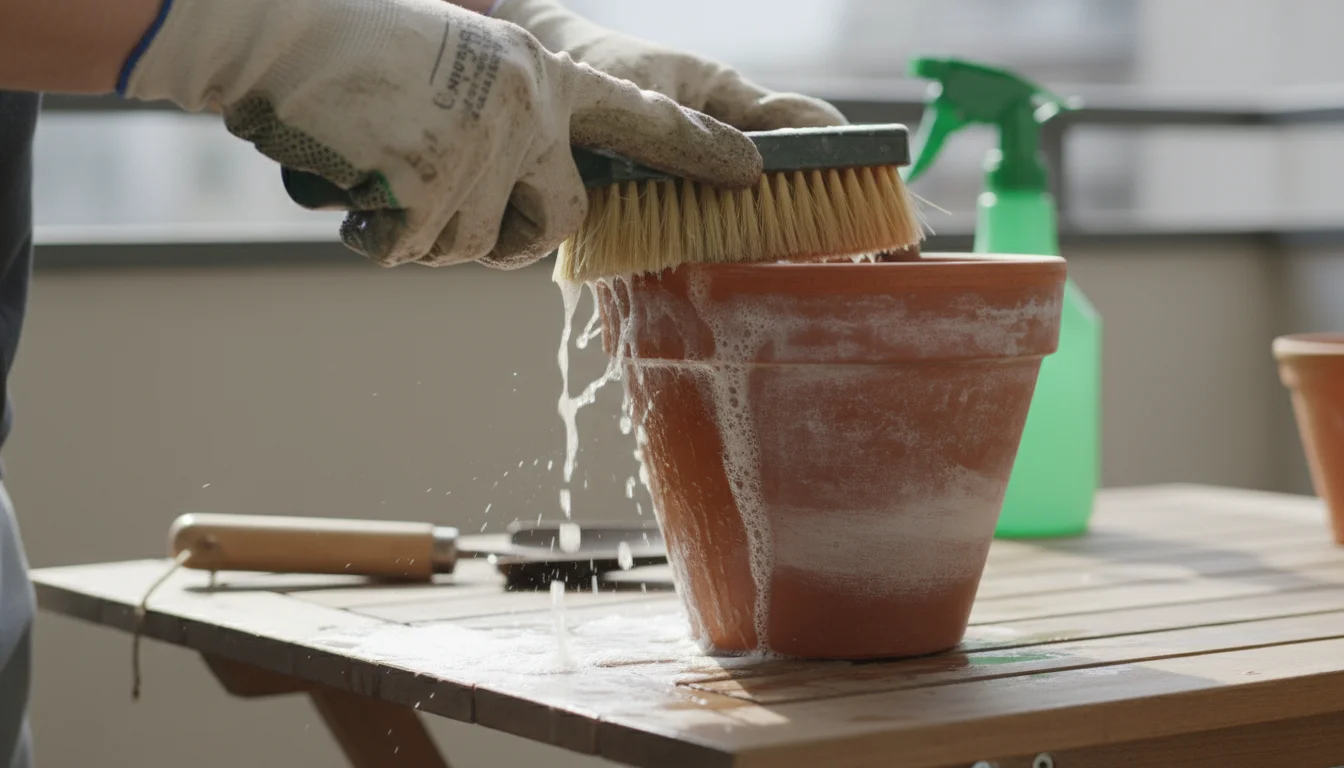 Gloved hands use a stiff brush to scrub a terracotta pot on a balcony table, with soap suds visible during cleaning.