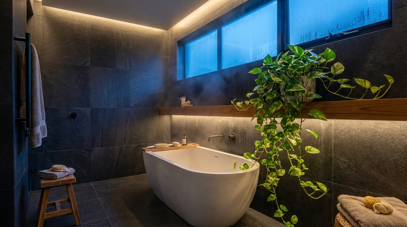 Golden Pothos plant trailing from shelf in modern bathroom during blue hour evening light