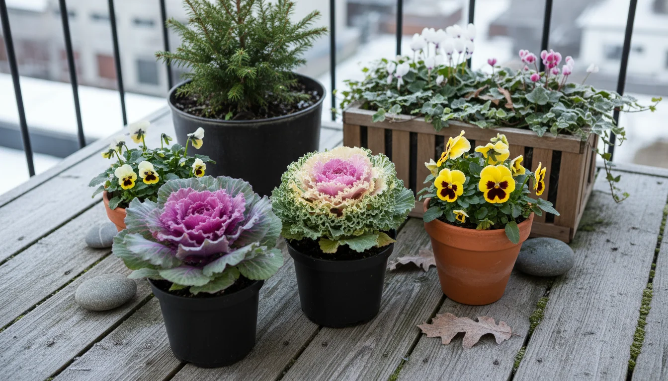 A group of ornamental cabbage, kale, and pansies in nursery pots on a balcony deck, next to an an empty terracotta pot and trowel.