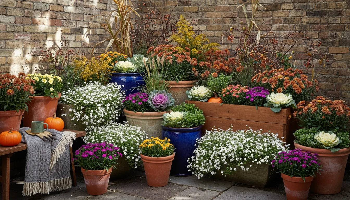 Grouped fall container garden on an urban patio, featuring white alyssum, purple dianthus, and yellow pansies clustered against a brick wall.