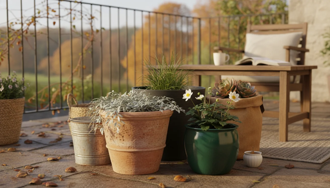 A grouping of different plant pots: unglazed terracotta, glazed ceramic, plastic, and a fabric grow bag, with autumn leaves scattered around them.