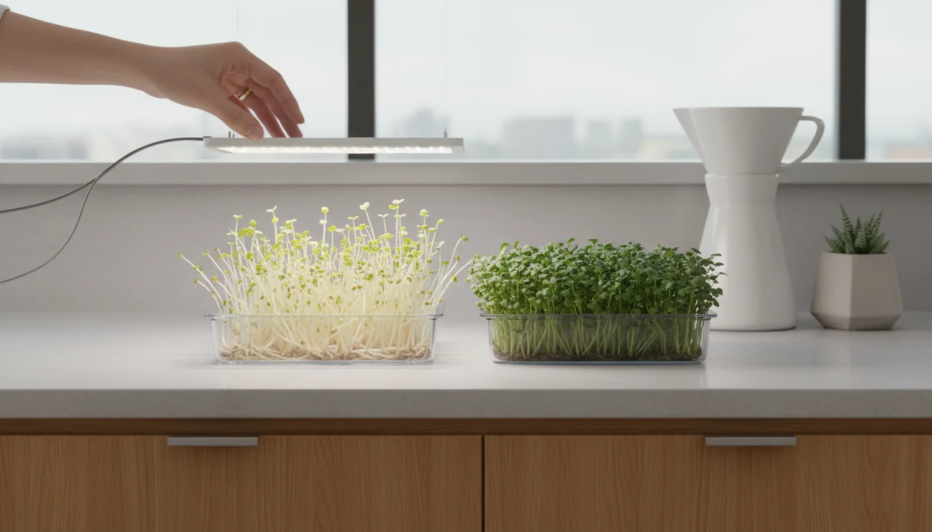 Hand adjusts white LED grow light over leggy microgreens on a counter. Plants have long, spindly stems reaching for the light.