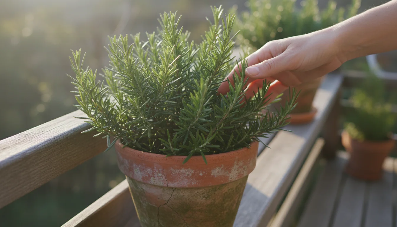 A hand gently brushes the aromatic needles of a vibrant rosemary plant in a terracotta pot on a balcony or patio.