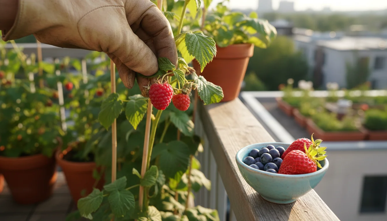 Hand checks ripe raspberry on vertical planter. Bowl of ripe blueberries and strawberry on railing in sunny balcony garden.