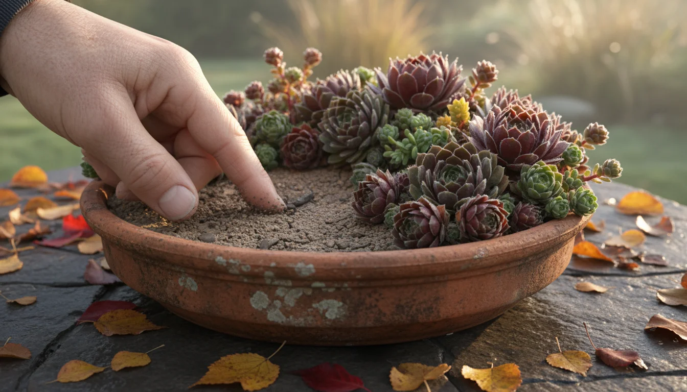 A hand with a finger checking the dry, gritty soil surface of a terracotta pot filled with vibrant green and red succulents on a weathered wooden deck