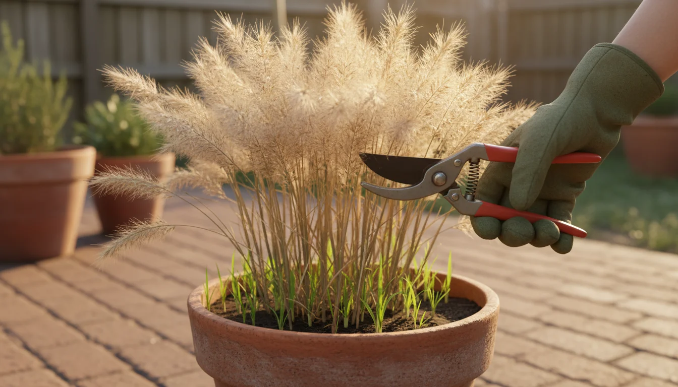 Hand in gardening glove carefully cutting dried ornamental grass seed heads from a terracotta pot on a sunny patio.