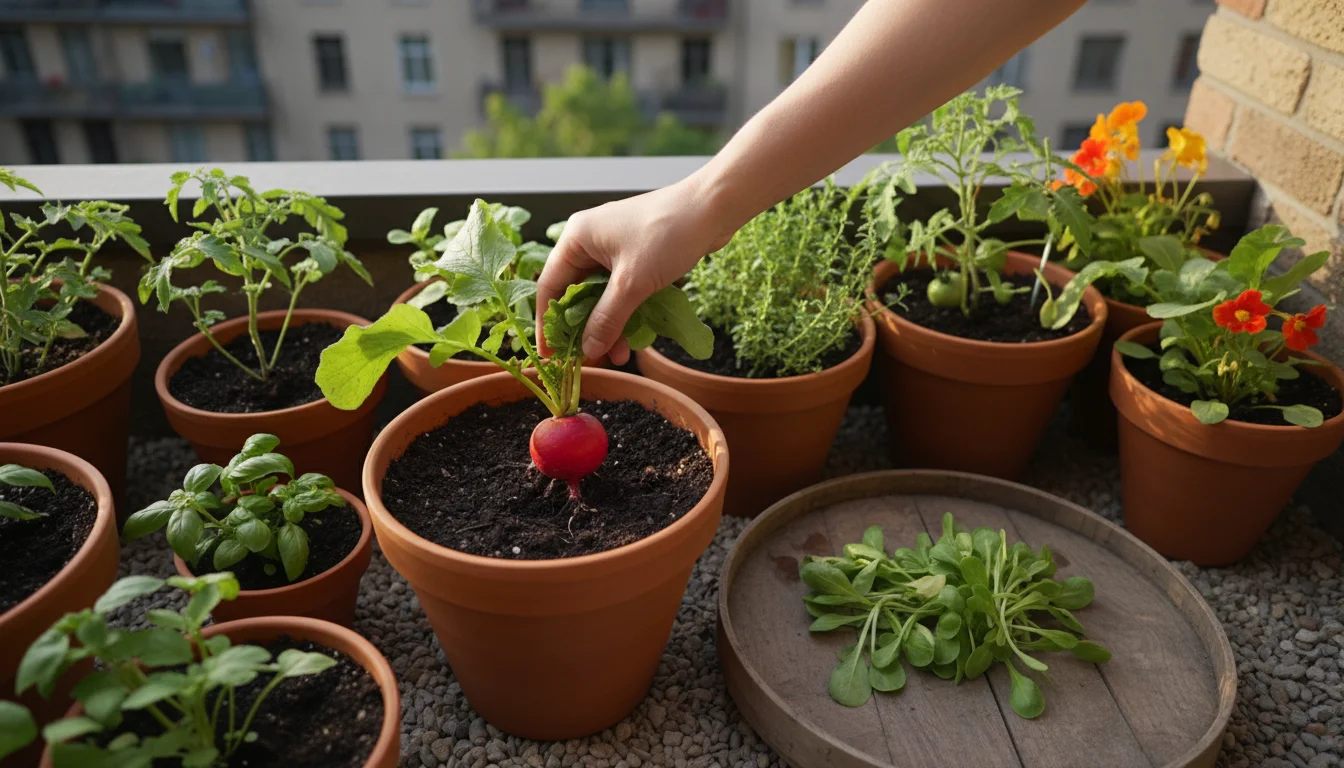 Elevated view of a hand harvesting a red radish from a terracotta pot on a patio, with harvested mache on a wooden tray.