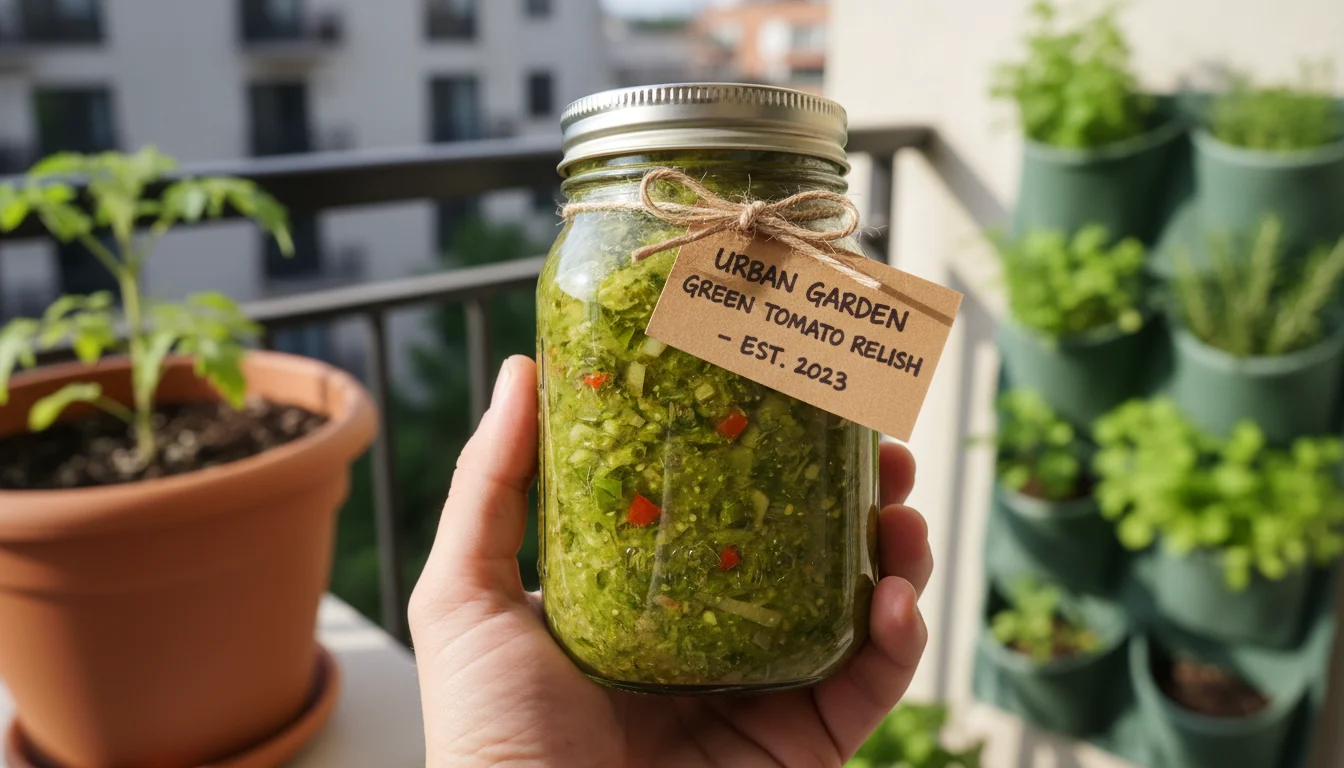 Hand holding a mason jar of vibrant green tomato relish on an urban balcony with blurred tomato plants.