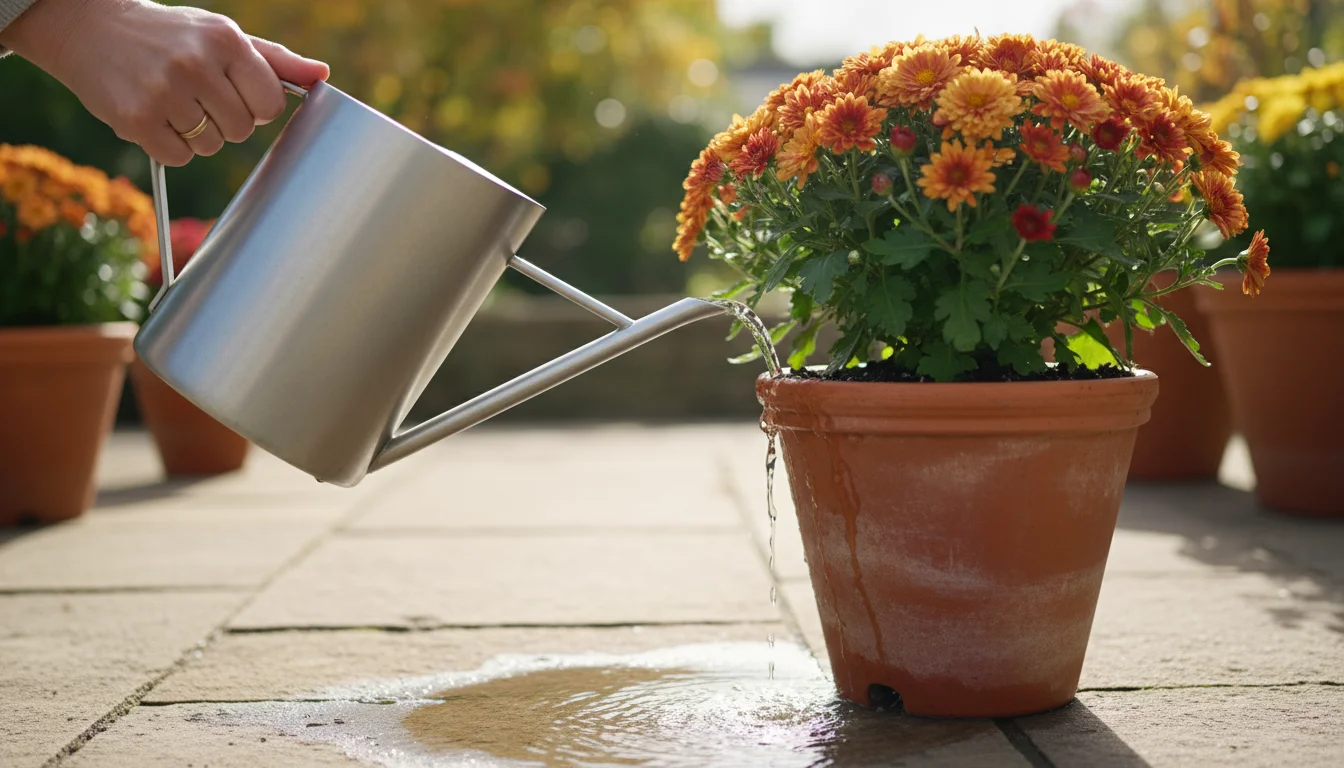 Hand holds a sleek stainless steel watering can, deeply watering a potted fall plant. Water drains clearly from the pot's bottom into a terracotta sau