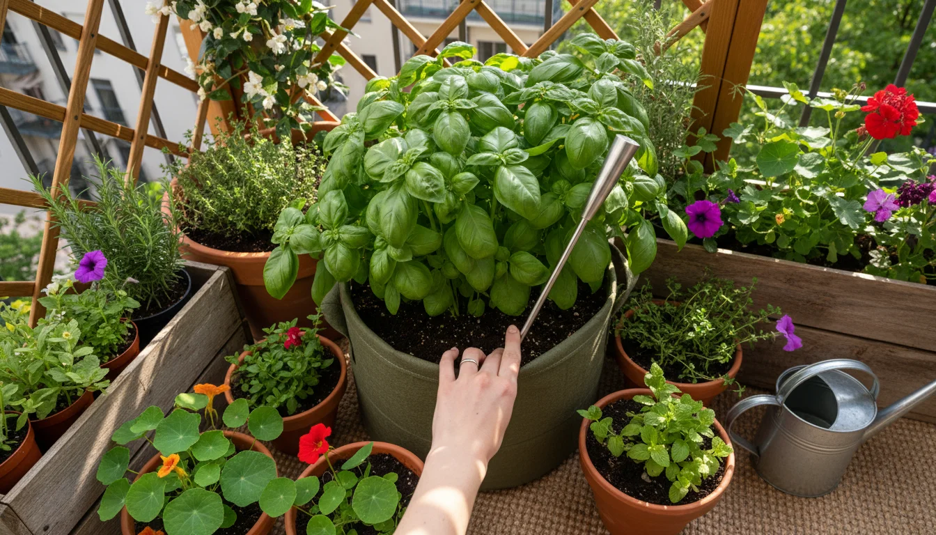 A hand inserts a long moisture meter into a fabric grow bag with lush basil on an urban balcony, surrounded by other potted plants.