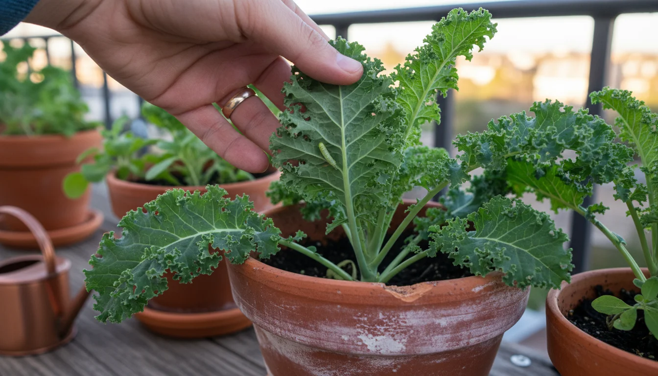 A hand gently inspecting a kale leaf in a pot, revealing a small green cabbage worm on its underside.