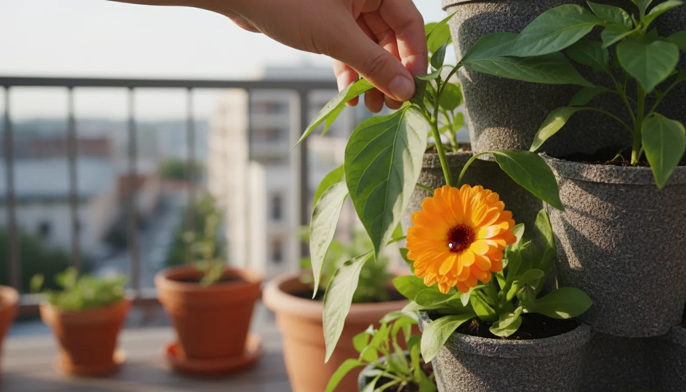 A hand inspects a pepper plant leaf in a vertical planter, with a ladybug on a calendula flower.