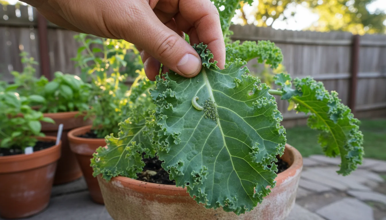 A hand gently inspects a potted kale leaf with minor damage, revealing a small pest underneath.