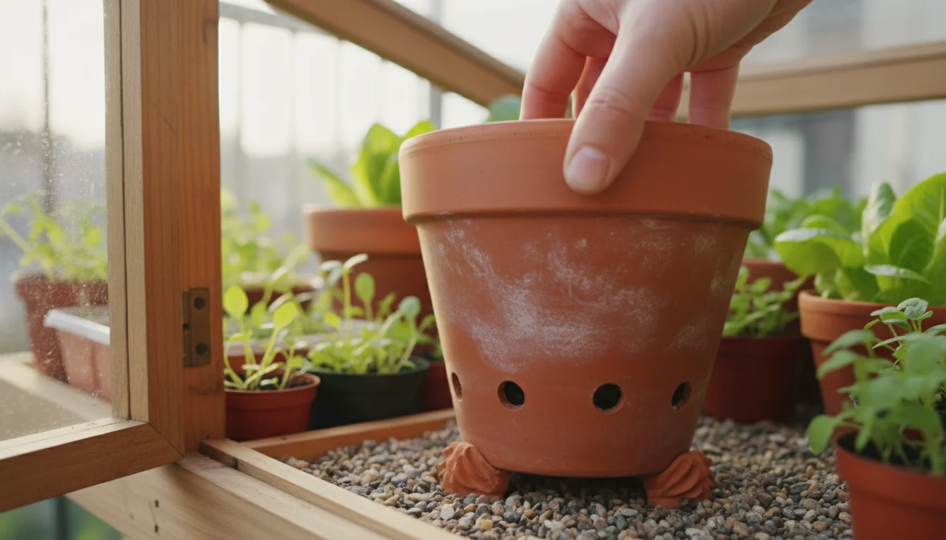 Hand lifting a terracotta pot with visible drainage holes elevated on pot feet inside a wooden cold frame.