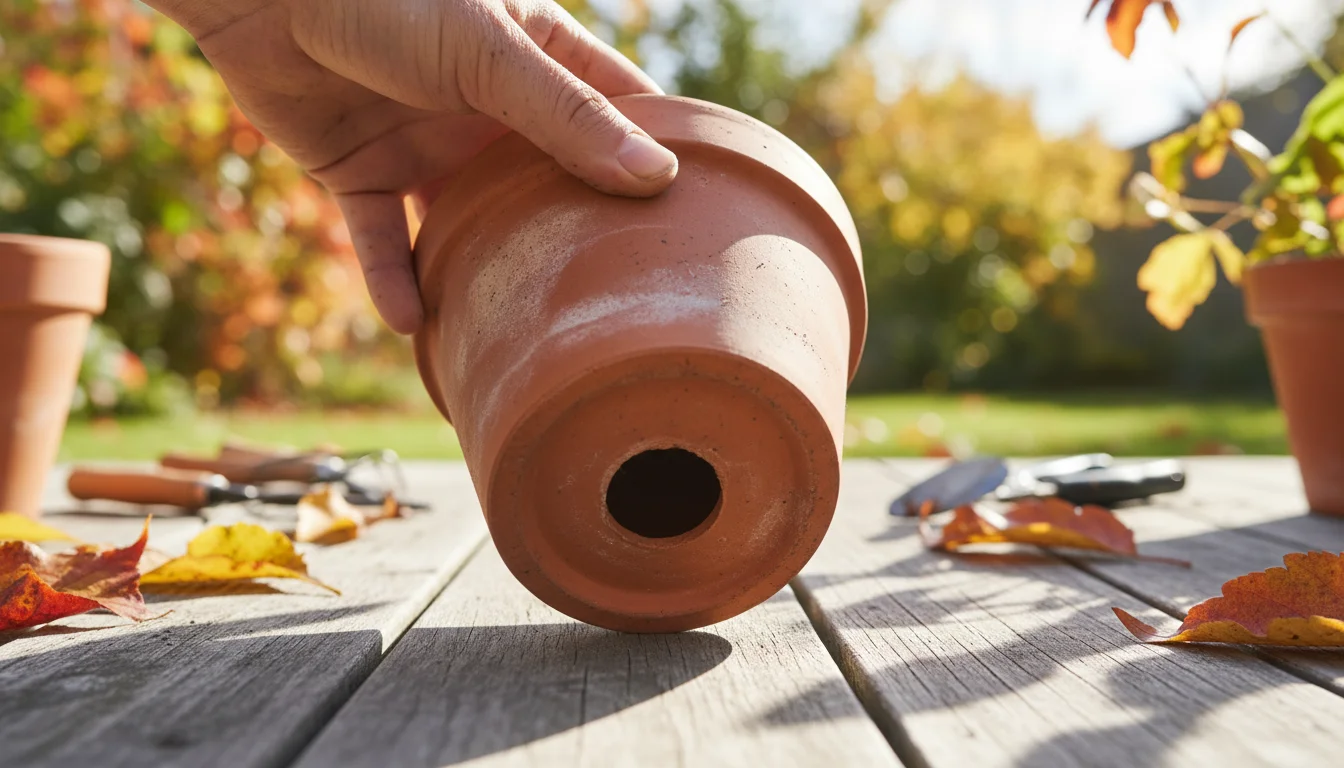 A hand lifts an empty, weathered terracotta pot slightly, clearly showing its large central drainage hole and porous surface.