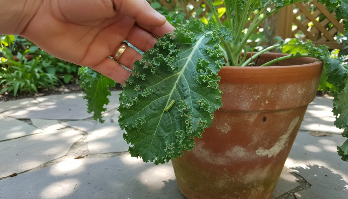A hand gently lifts a kale leaf in a pot, revealing small holes and a tiny green caterpillar on the underside, in a patio garden.