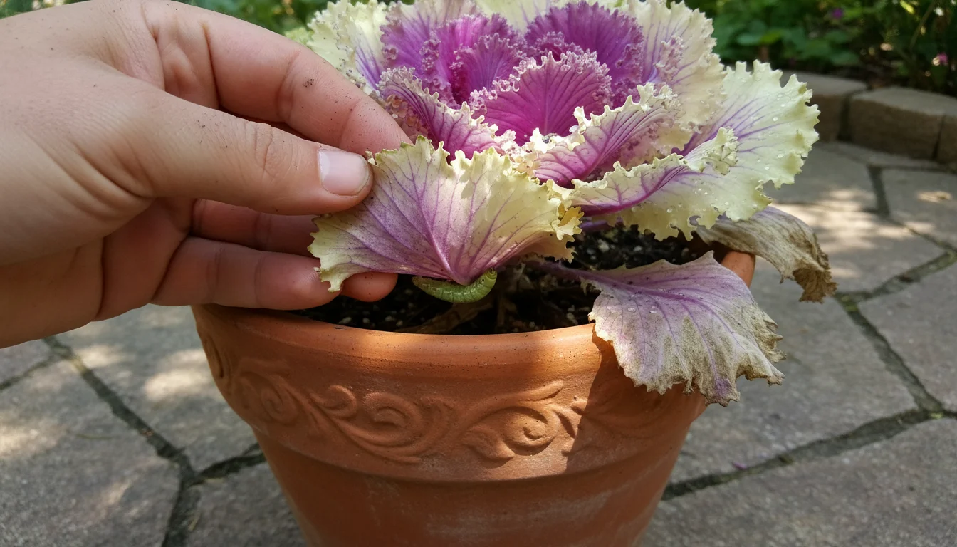A hand gently lifts an ornamental cabbage leaf in a terracotta pot, revealing a small green caterpillar on its underside.