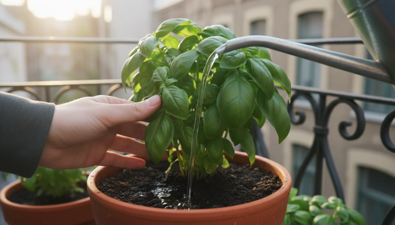 A hand gently moves basil leaves aside to precisely water the soil directly in a terracotta pot.