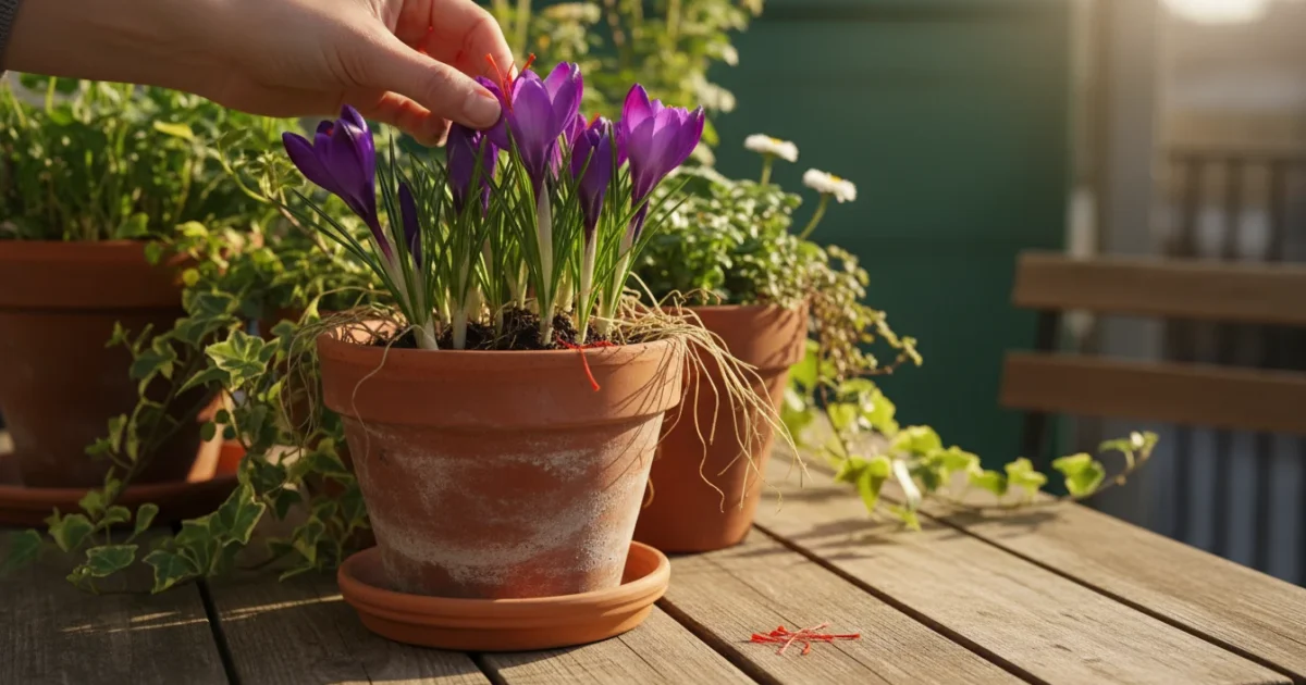 Hand gently plucking red saffron threads from vibrant purple crocus flowers in a terracotta pot on a sun-drenched patio table, surrounded by other sma